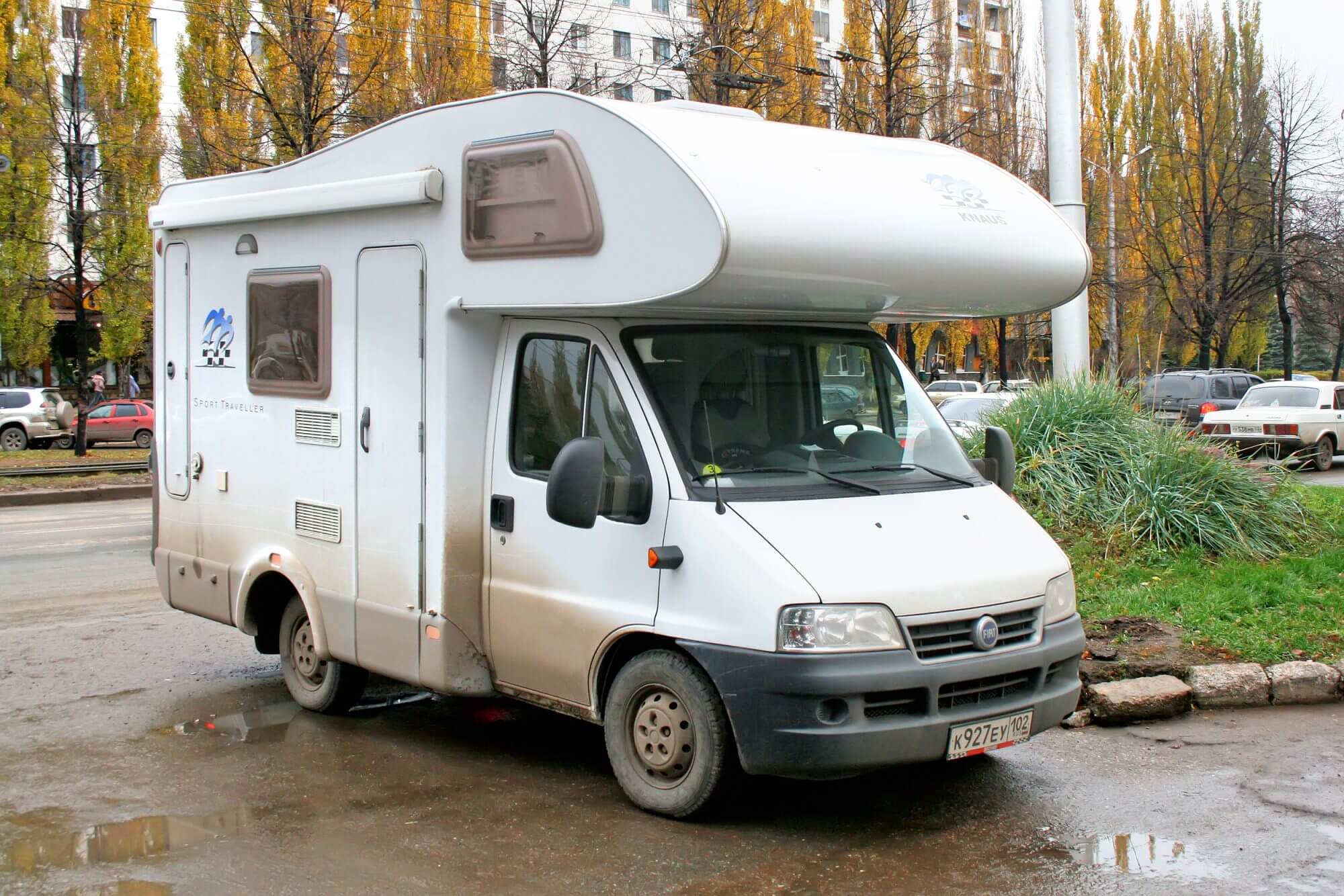 Ufa, Russia - October 22, 2008: White Fiat Ducato campervan parked at the city street.