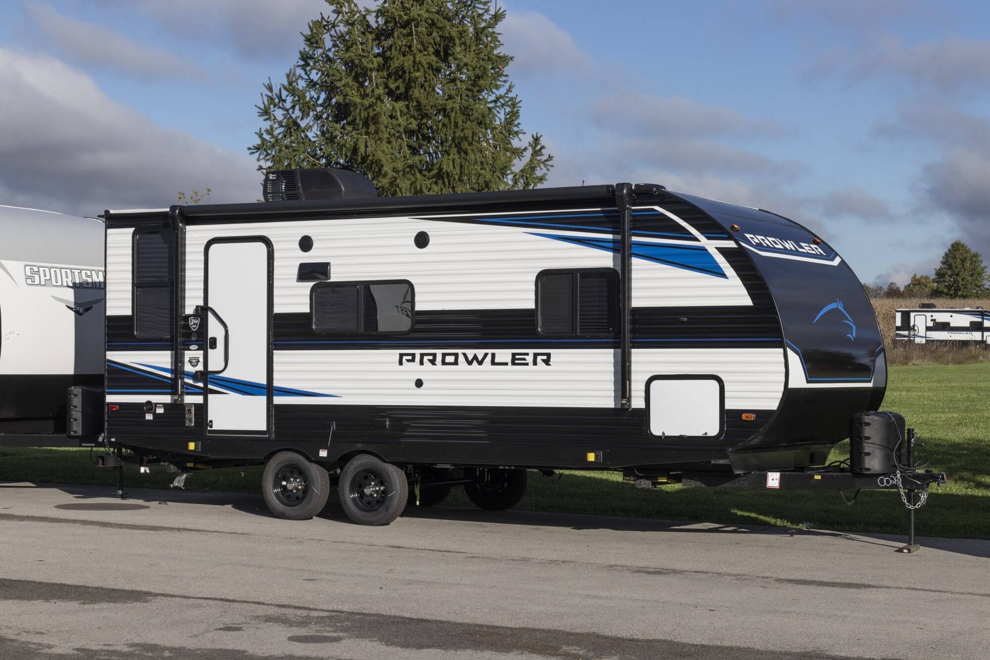 Gas City - Circa October 2021: Prowler travel trailer by Heartland. Heartland is a subsidiary of Thor Industries and manufactures different lines of RV, motor homes and fifth wheels.