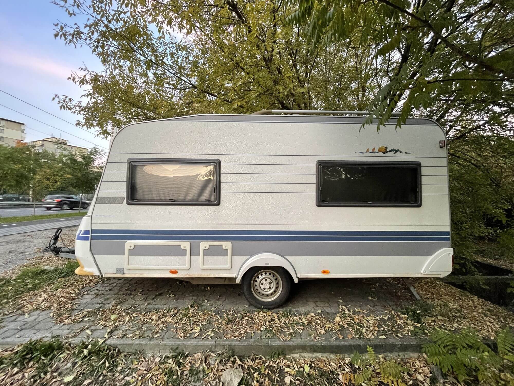 RV camping trailer parked in the city