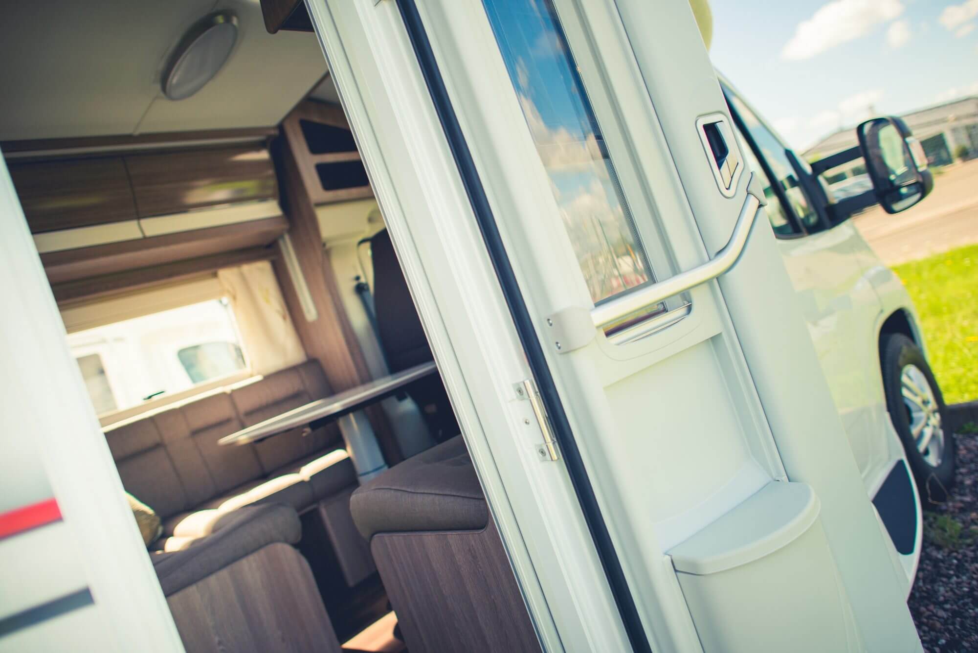 Camper Van with Doors Open. RV Trip Call. Recreational Vehicle Theme.