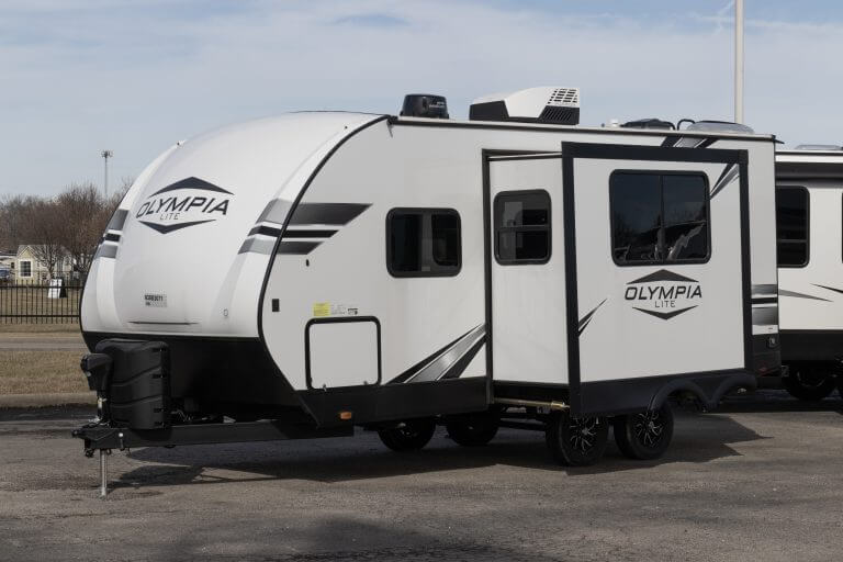 Indianapolis - Circa February 2023: Olympia Lite Travel Trailer by Jayco. Jayco is part of Thor Industries and builds recreational vehicles, motorhomes and fifth wheels.