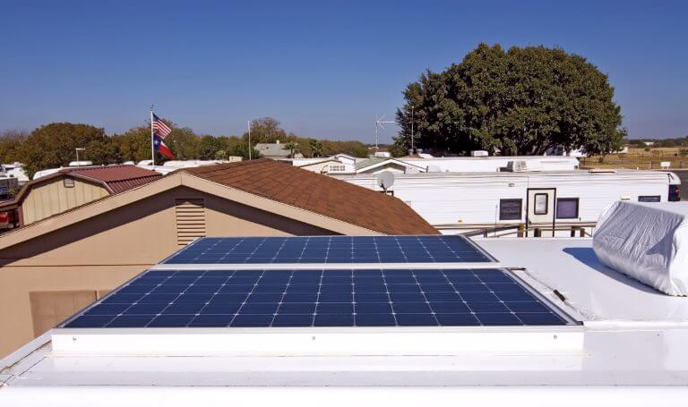 Wide angle view of solar panels used to power a RV.