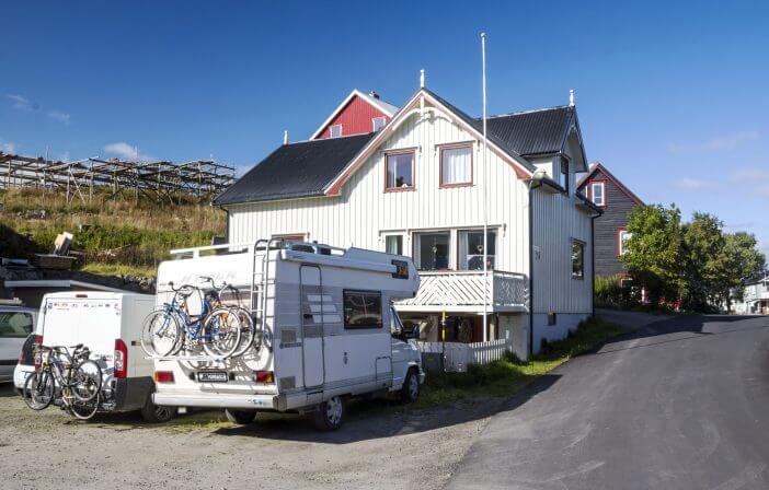 Harstad, Tromso, Norway-September 2016. Harstad is a city and municipality in the province of Troms, Norway. It is the second municipality in terms of population within the province of Troms. You can see the tipycal scandinavian architecture of white houses. There are a mode of transport.