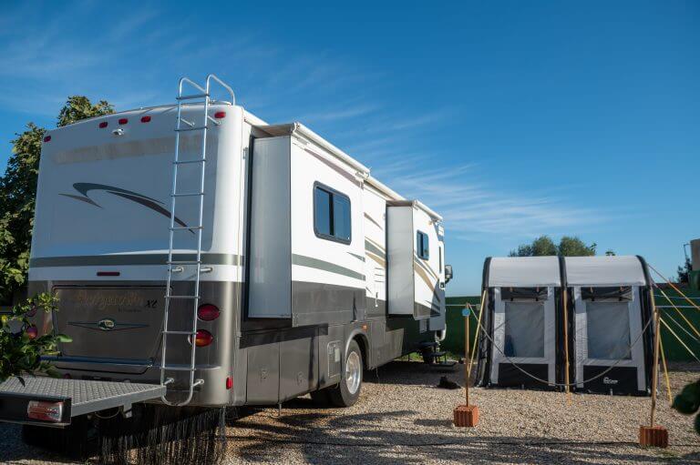 Cartagena, Spain : 2022 November 23 : Modern Motorhome camping on a sunny day in autumn 2022.