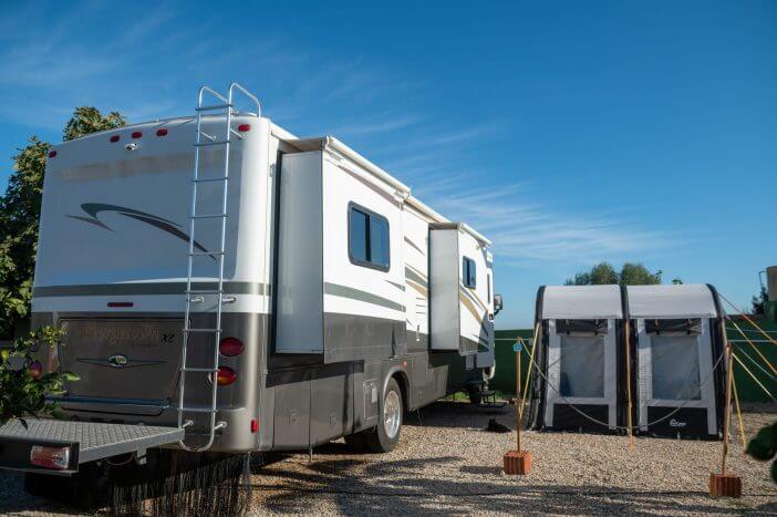 Cartagena, Spain : 2022 November 23 : Modern Motorhome camping on a sunny day in autumn 2022.