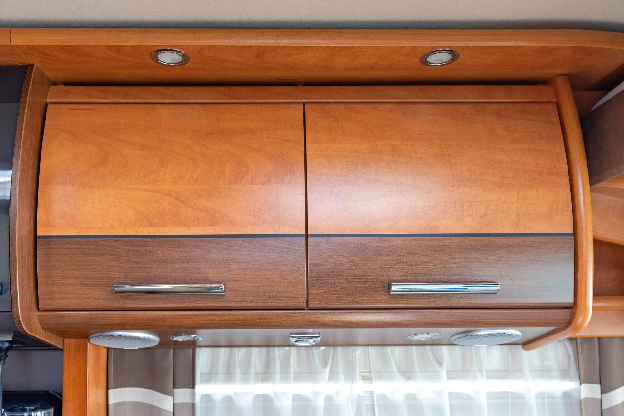 Two Tone Veneer Wood Cabinets in Camper Van