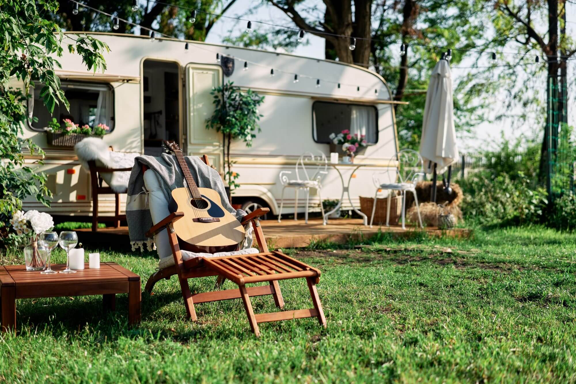 Camper camping at summer vacation. Travel concept