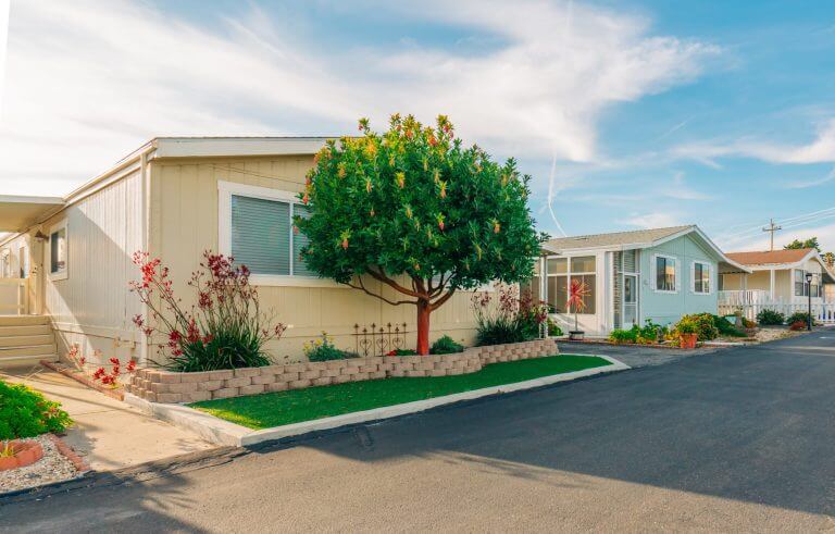 Mobile home park, age-restricted (55+) community in small beach town in California. Architecture, street view