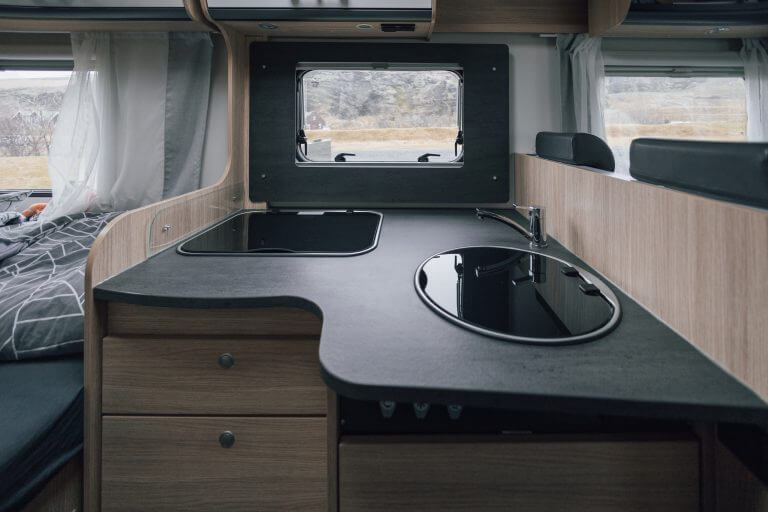 Interior of caravan, kitchen equipment