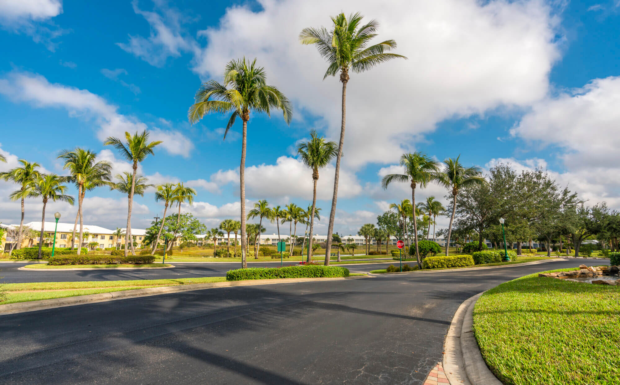 Gated community condominiums with palms by the road, South Florida