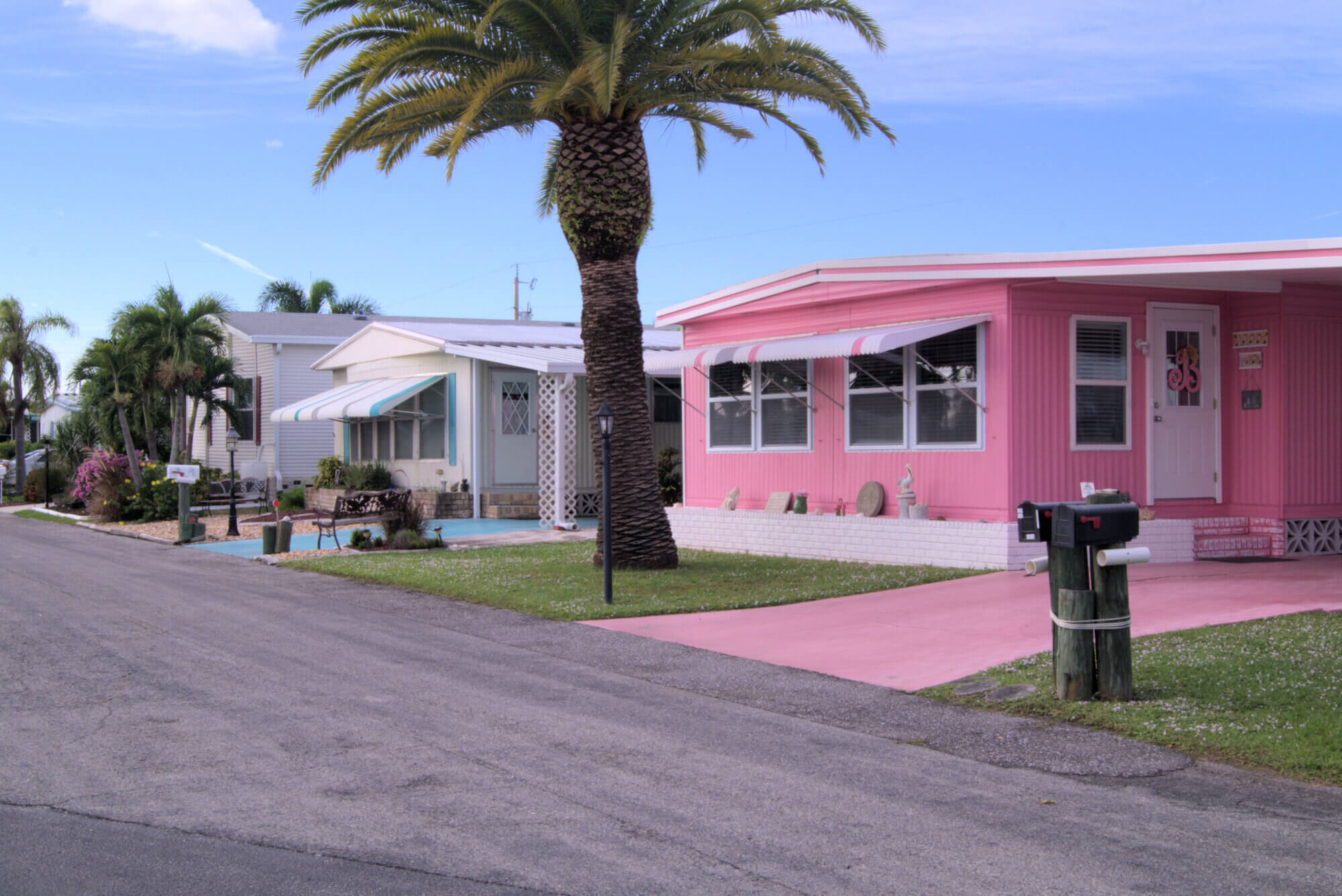Trailer park with pink mobile home. Located in Fort Myers, Florida, USA.
