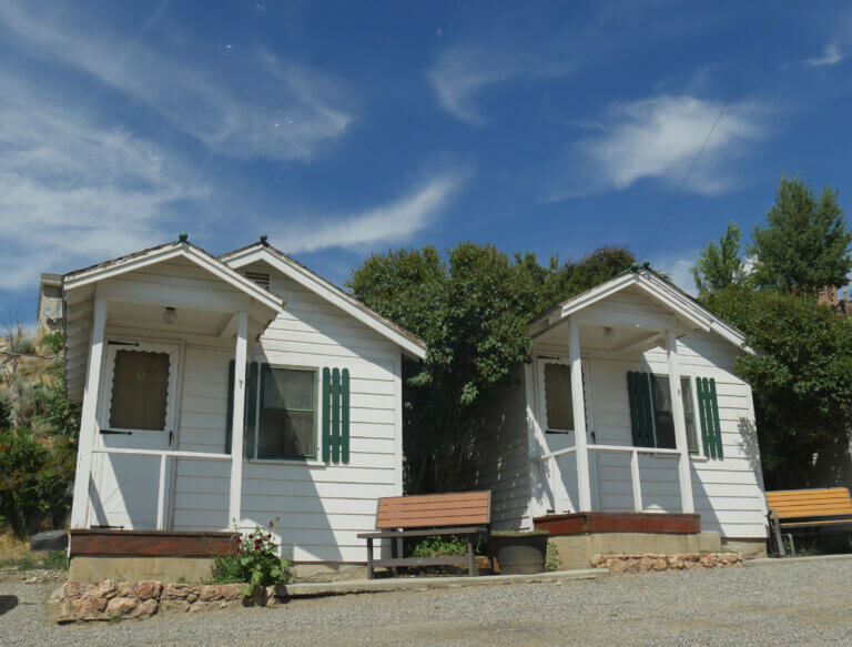 Gardiner, Montana- July 2018: Individual cottages at one of the hotels in Gardiner, Montana.