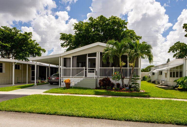 Boynton Beach, FL, USA - August 12, 2021: Mobile home neighborhood Boynton Beach Florida USA retirement community