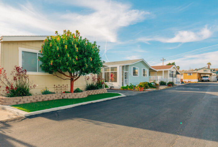 Mobile home park, age-restricted (55+) community in small beach town in California. Architecture, street view