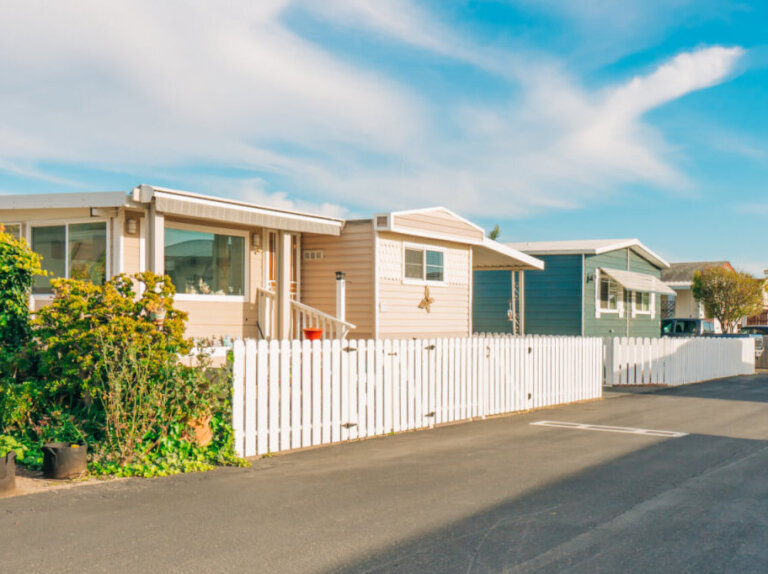 Mobile home park, age-restricted (55+) community in small beach town in California. Architecture, street view