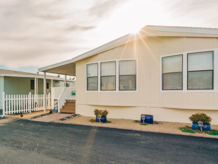 Mobile home park, age-restricted (55+) community in small beach town in California. Architecture, street view