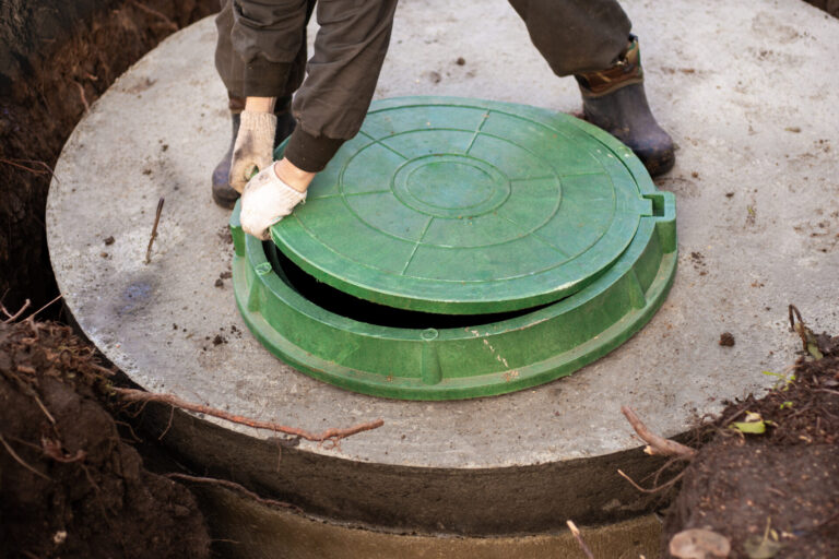 A worker installs a sewer manhole on a septic tank made of concrete rings. Construction of sewerage networks for country houses.