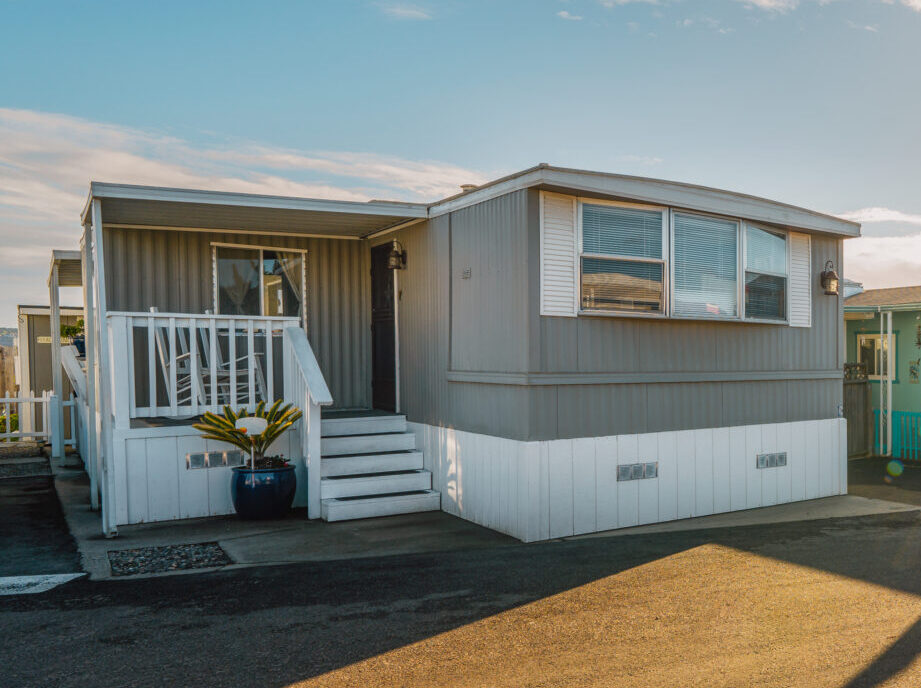 Mobile home park. A row of residential mobile park homes in a small town somewhere in California. Lifestyle, architecture, street view