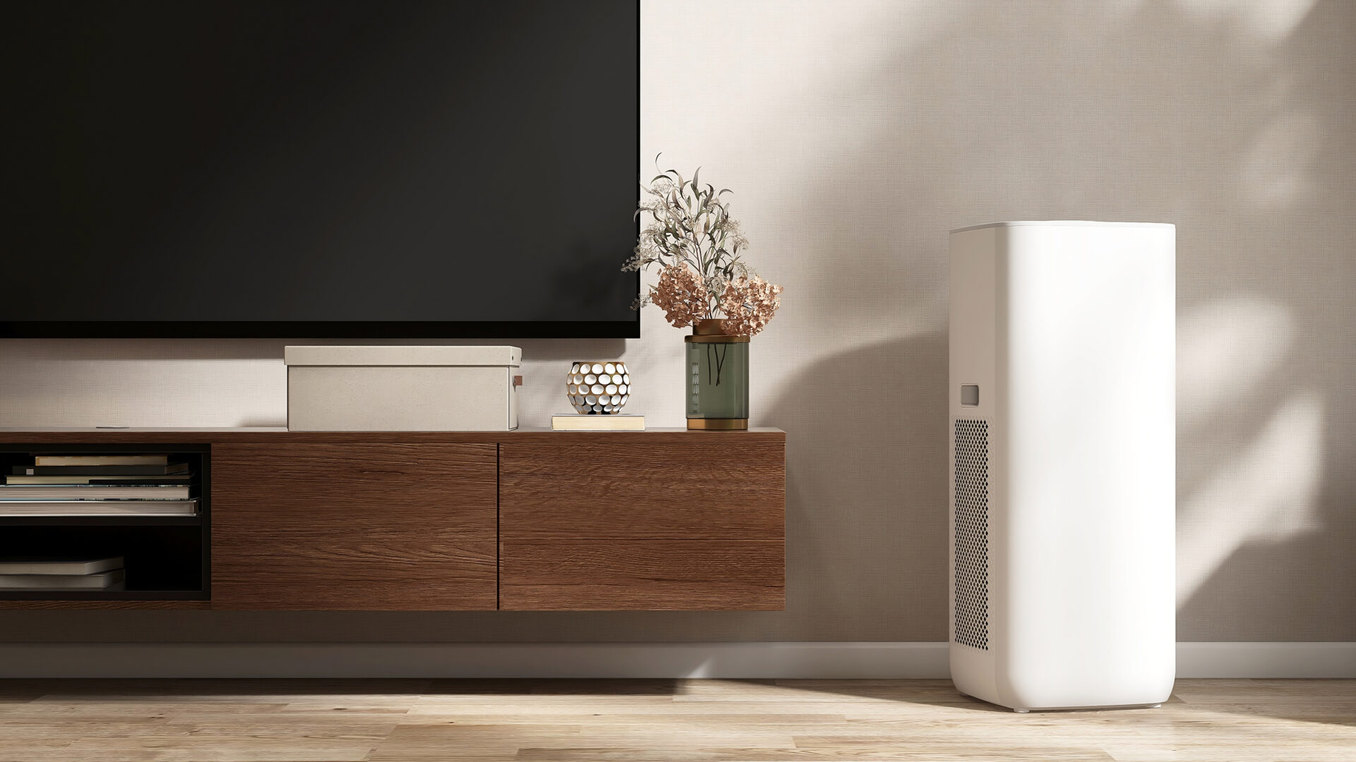 White modern design air purifier, dehumidifier on parquet floor in beige brown wall living room by wooden TV cabinet in sunlight from window. Fresh air, healthcare, health technology background 3D